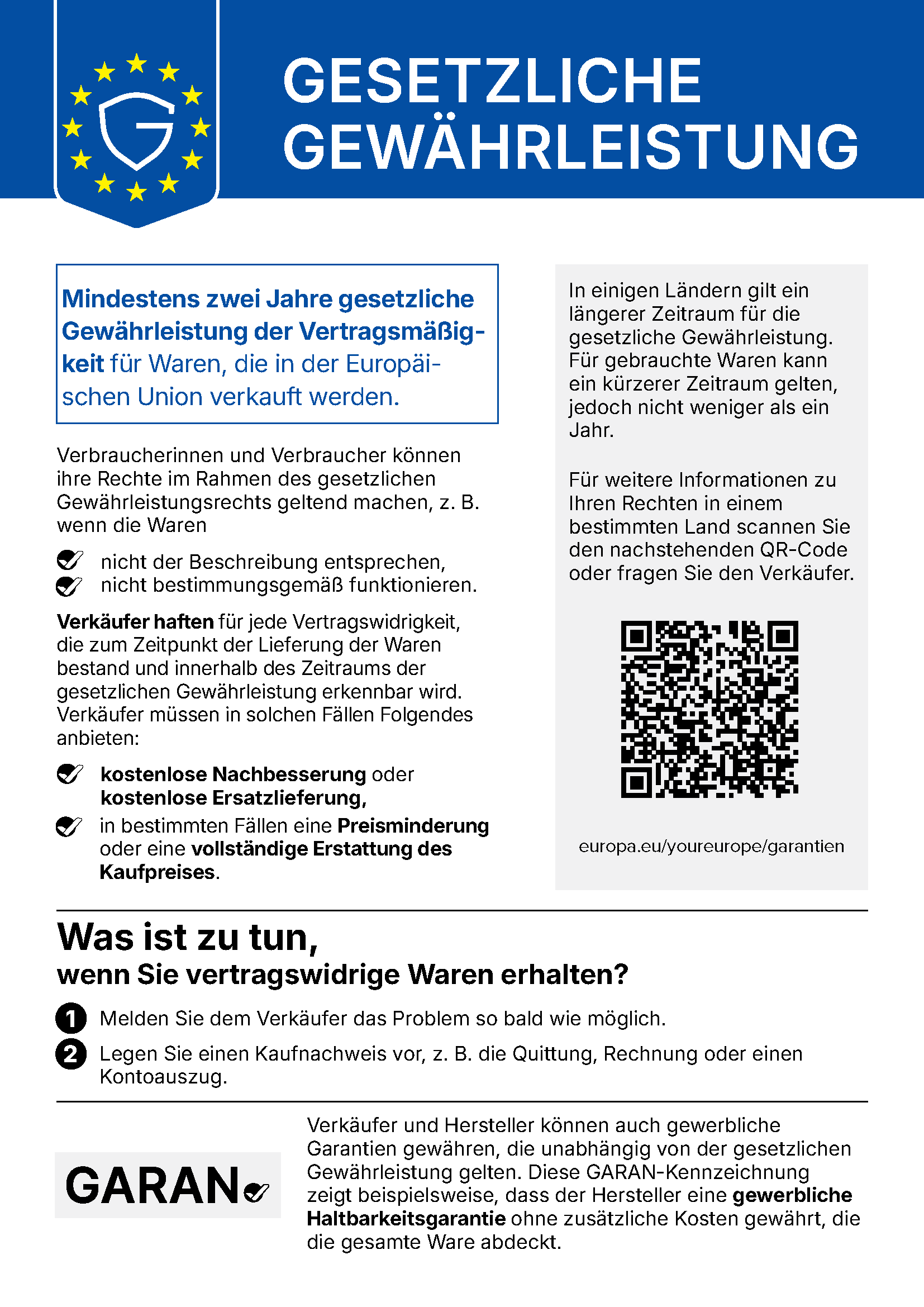 Harmonisierte Information zur gesetzlichen Gewährleistung